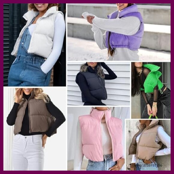 Cropped Puffer Vest Quilted Sleeveless Zip Chic Minimal Fall Winter Outerwear - Picture 7 of 8
